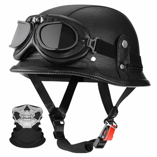 Tysk Retro Motorcykelhalvhjälm, ECE 22.06-Testad | Lätt ABS-Skal i PU-Läder med Pilotglasögon och Ansiktsskydd,Unisex för Stadskörning och Landsväg,M-2XL(57-64cm)