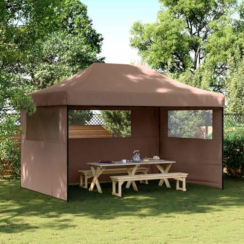 Runheo Tente de fête pliable avec 3 panneaux latéraux et fenêtres, marron, tente de jardin imperméable avec protection UV, cadre en acier stable, 440 x 292 x 315 cm, pour extérieur, camping, barbecue