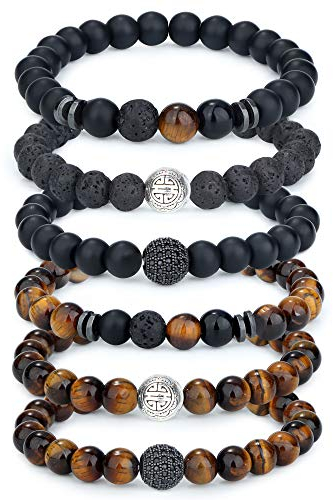 Adramata 6-8Pcs 8mm Tigerauge Armband Herren Damen Naturstein Armband Yoga Perlen Achat Elastische Armbänder Herren Armbänder Set Geburtstagsgeschenk für Männer Frauen