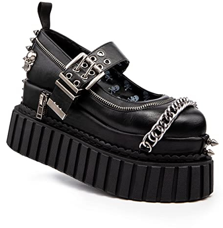 Lamoda Hazardous Chunky Platform Creeper Shoes Black/Skull, Women's Bold Streetwear Creepers with Chunky Sole, Cushioned Insole, Edgy Skull Design for Casual, Party, or Statement Outfits, UK 3