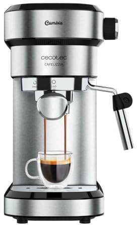 Cecotec Cafetera Express con Doble Salida Cafelizzia Steel. 1350W, Brazo Portafiltro con Dos filtros, Vaporizador Orientable, 20 Bares de Presión, Depósito Extraíble de 1,2L, Acero