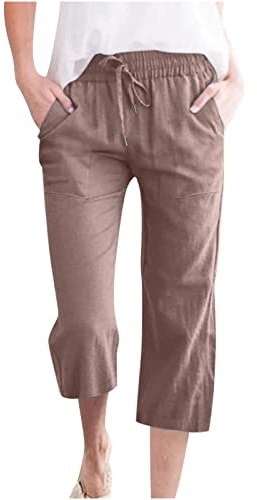 oglccg Womens Capris Trousers 3/4 Pants Cotton Linen Elastic High Waist Cropped Pants Drawstring Autumn Solid Color Pockets Loose Pants Straight Wide Leg Trousers Plus Size 8-18 Brown, XXL