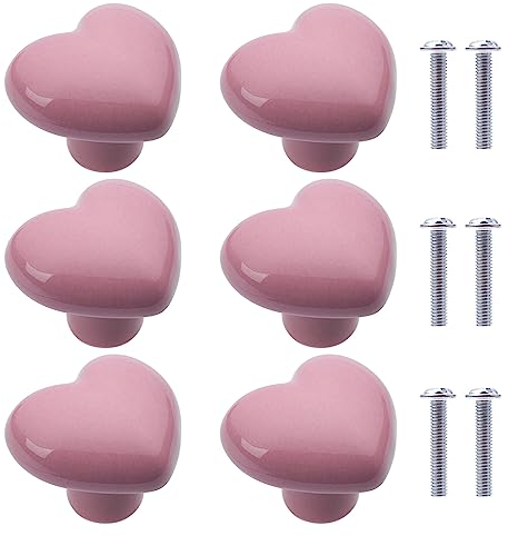 NAKUPENDA 6 Stück Möbelknöpfe Herzform Keramik Schrank Schubknöpfe Knauf Keramik Herzform Griffe mit Schrauben für Kinderzimmer Küchen Schränke Bücherregal (Rosa)