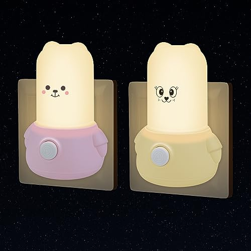 Annmore Luz Nocturna Infantil Enchufable 2 Piezas Luz Quitamiedos Animales con Interruptor Regalos Recien Nacidos Niños (L607)