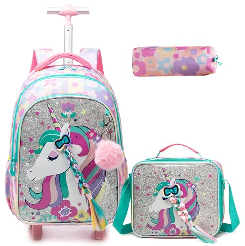 Egchescebo Kids Rolling Backpack for Girls Unicorn with Braids Suitcases Trolley Roller Luggage Backpacks Wheels with Lunch Box Pencil Case for Elementary Multiple Compartment Pocket School Bag Pink