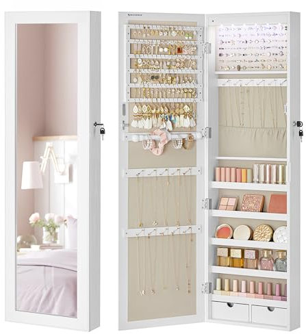SONGMICS Schmuckschrank 120 cm hoch, Schmuck-Organizer mit beleuchtetem Innenspiegel, Spiegelschrank wand- oder türmontiert, abschließbar, 2 Schubladen, eichenbraun JJC093N01