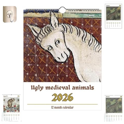 Calendario de pared 2026 de animales medievales feos, Calendario ilustrado de arte temático medieval, Planificador mensual 12 animales divertidos y extraños, con diferentes ilustraciones