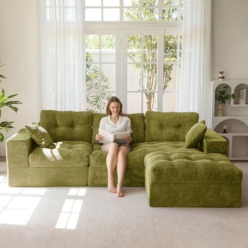 MAXYOYO Soffa med sovfunktion, hörnsoffa L-form manchestertyg 264 x 171 cm manchestersoffa vardagsrum bäddsoffa med otoman universal lätt att rengöra och husdjurvänlig, ingen montering
