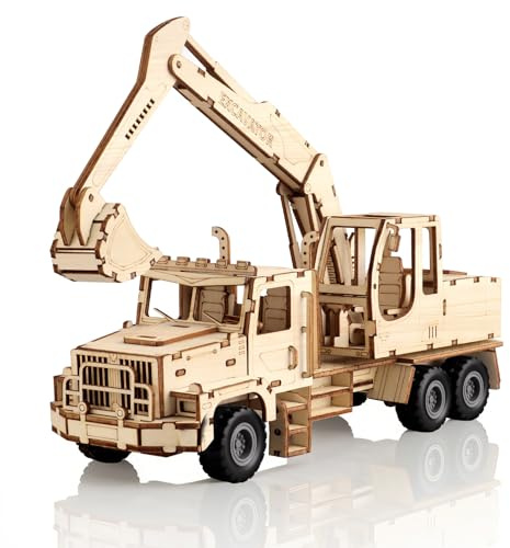 Cuteefun 3D Wooden Puzzle Mechanical Car Model, [177 Pcs] - Excavator | Pull Back Function, Unique Handicraft for Adults Teen, Home Decor, Birthday Father's Day Christmas Gift