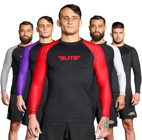 Elite Sports Men's Jiu Jitsu BJJ Rash Guard, Long Full Sleeve Compression Shirt for Sports Nogi Training, Red, XL