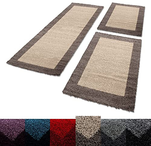 Unbekannt Shaggy Hochflor Teppich Carpet 3TLG Bettumrandung Läufer Set Schlafzimmer Flur, Farbe:Taupe, Bettset:2x60x110+1x80x250