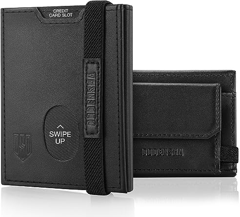 DODENSHA Billetera con Cremallera, 6 Ranuras para Tarjetas, 1 Ranuras para ID, Banda Elástica para Hombre Pequeña, Carteras con RFID, Tarjetero de Piel, Monedero de Cuero (Negro)