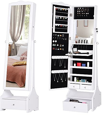 HOMCOM LED Portagioie Armadio per Gioielli con Specchio con Base a Cassettiera cassetto Organizzatore Gioielli e Accessori 45x36x150 cm
