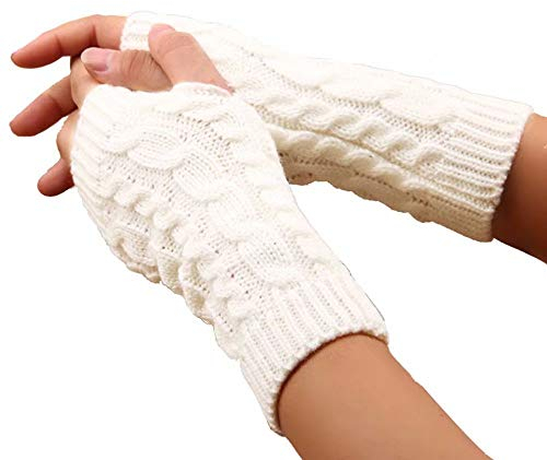 LCHULLE 1 Paar fingerlose Handschuhe, warme Armhandschuhe, Winter, Strick, Häkelhandschuhe, Geschenk für Frauen und Mädchen,Weiss