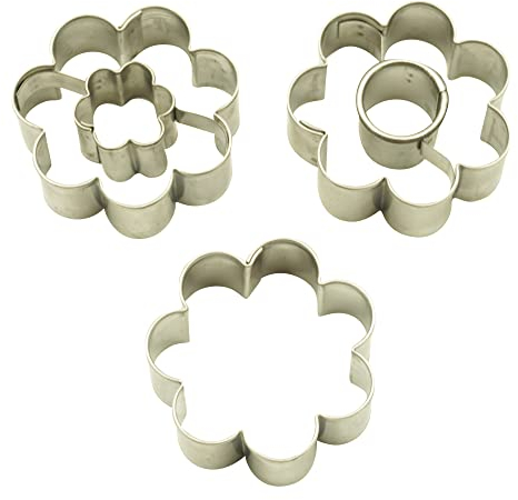 BekkiB 3er-Set Ausstechformen Blume - Blumen-Ausstecher und 2 Linzer Ausstecher mit Blume & Kreis - für Spitzbuben, Hildabrötchen & Plätzchen - Edelstahl - 7795