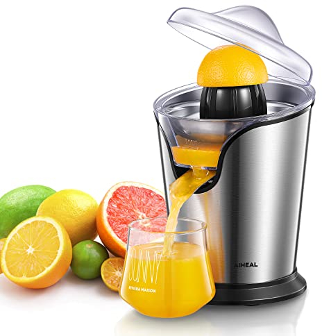 Aiheal Electric Citrus Juicer, Orange Juicer Squeezer with Two Interchangeable Cones Suitable for All Size of Citrus Fruits, Anti-drip Spout and Ultra Quiet Motor, BPA Free, Brushed Stainless Steel