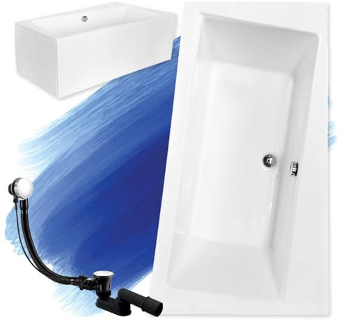 Baignoire d'angle originale en acrylique blanc Infinity 150 x 90 cm, kit complet avec tablier en acrylique blanc, pieds et bonde automatique exclusive chromée, fabriqué en UE, 4 en 1