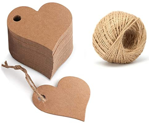 PLABBDPL 50Stk Herz Kraftpapier Geschenkanhänger, Etiketten Herzanhänger mit Schnur für Valentinstag Hochzeit Geschenke