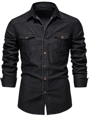 HOTIAN Camisa para Hombre, de Denim, de Manga Larga, para Ocio, Negocios, Corte Ajustado, Negro , XXL