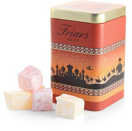 Friars Rose and Lemon Turkish Delight Tin Box - 220g | Made in Turkey | Beautifully Presented Confectionary | Sprinkled Icing Sugar | Aromatic & Decadent Treat | Gift for Weddings & Parties