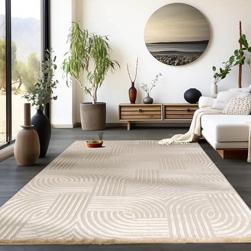 HomebyHome Kurzflor Teppich Wohnzimmer Beige 3D Skandinavischer Stil Modern 140 x 200 cm - Boho Schlafzimmer Küchenteppich Waschbar Design Weicher