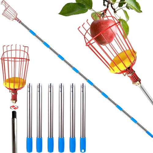 BYLUM Obstpflücker mit Teleskopstiel, Apfelpflücker Korb Teleskopstange 1.6/2.4/3.6/4.0m, Kirschpflücker Erntehelfer Obst Pflücker, Obstfänger Greifer Äpfeln Beeren Garten Obsternter Metall(2.4m)