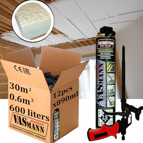 VASmann Sprühdämmung / Sprühisolierung (7€/m²) 12x890ml+Pistole Dachdämmung Kellerdeckendämmung Zwischensparrendämmung - Effektive Wärmedämmung EPS / XPS Dämmung (30m²+Pistole)