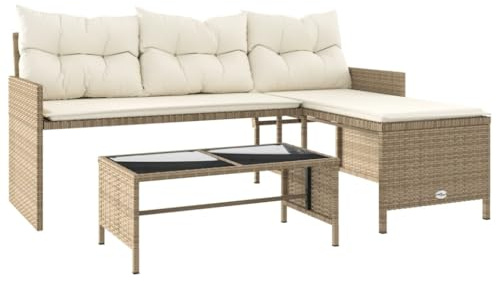 vidaXL Trädgårdssoffa med bord och dynor L-formad beige konstrotting