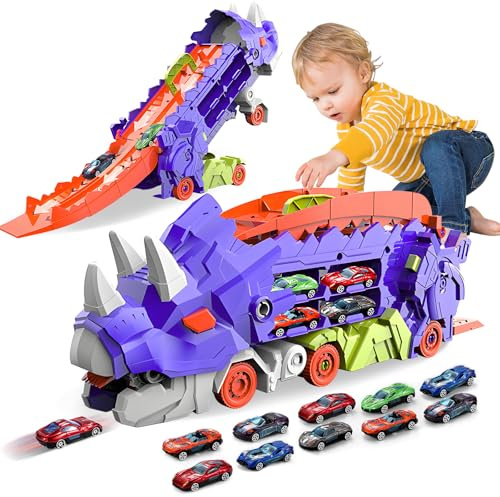 Sternstunde småbarn billeksak för 3-4-5-6 år gamla pojkar, leksaksbilar dinosaurie, transport, lastbil med 10 billeksaker med gjutning, förvandlas till Dino (lila)