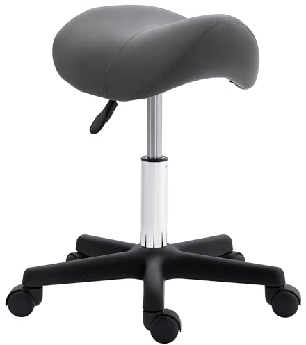 HOMCOM Saddle Stool, PU Leather Adjustable Rolling Salon Chair with Steel Frame for Massage, Spa, Beauty and Tattoo, Grey