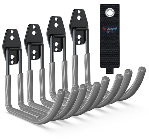 3-H Ganchos de Garaje Resistentes en J, Paquete de 4 Ganchos de Almacenamiento de Garaje de Acero, Soporte de Pared y Organizador de Herramientas, Cuerdas, Cables(gris)