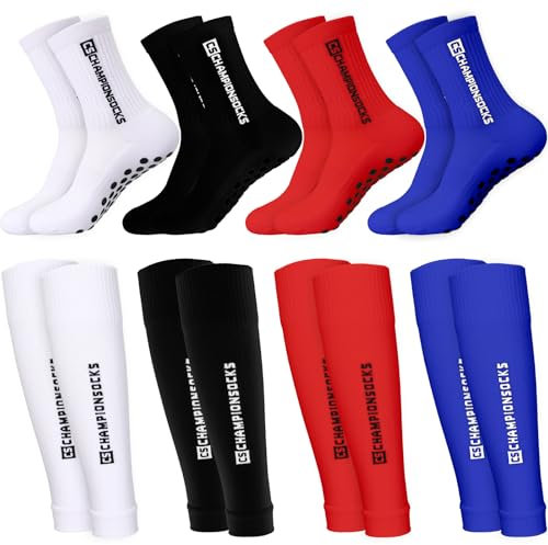 Boyiee Lot de 8 Chaussettes de Football, 4 Chaussettes de Sport Antidérapantes 4 Manchons de Jambe pour Intérieur Extérieur