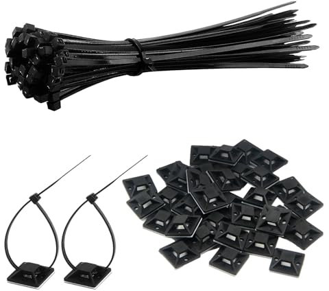 100 PCS Bases Adhesivas para Bridas de Cables, Sujeta Cables Adhesivo, Clips de Cable, Sujetacables Negro Autoadhesivos de Nailon Resistentes a Rayos UV, Soportes de Montaje Duraderos, Oficina y Hogar