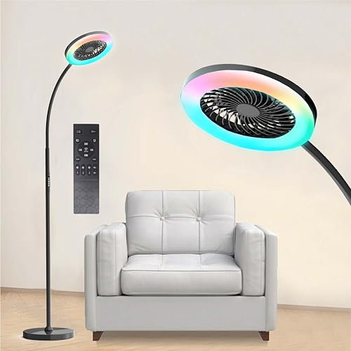 ONIDEK Pedestal Fan for Bedroom, Floor Lamp with RGB 18w/1500lm, 3-Speed Stand Fan Stepless Adjustable 3000K-6000K Color and Dimmer, Remote and Button Control, Adjustable Gooseneck Gloor Lamp (Black)