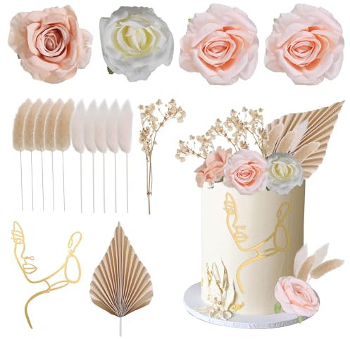Lot de 21 Décorations de Gâteau Bohème, Deco Gateau Anniversaire Mariage, Pétales de Rose Artificielles, Feuilles de Magnolia, Herbe de Queue, Bouquet, Réutilisable Pour Anniversaire, Fête de Mariage