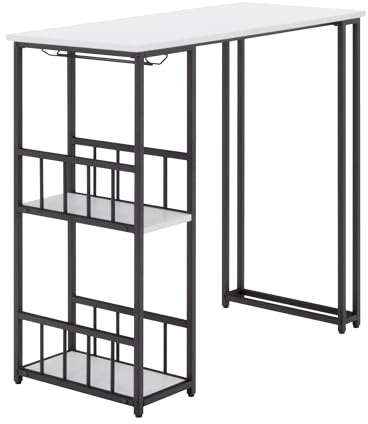 MOG CASA Gavin Mesa de Bar 110x50 cm | 105 cm de Altura | con 2 estantes y portavasos, Estructura de Acero, fácil de Montar, Estilo Industrial, Color Blanco