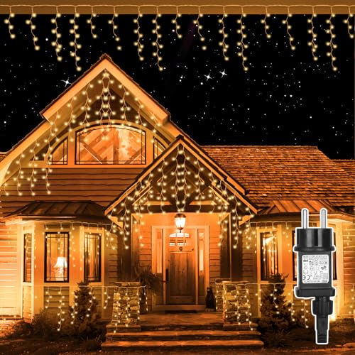 Withosent 10M Luci Natale Esterno Cascata 400 LED, 8 Modalita Bianco Caldo Tenda Luminosa, Funzione Timer e Memoria, IP44 Impermeabile Luci Albero Natalizie per Interno, Balcone, Giardino, Festa