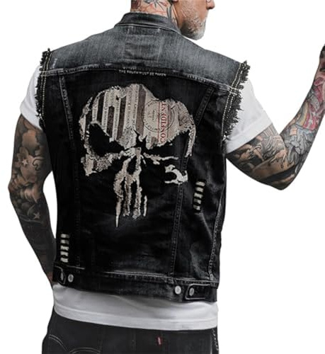 Edelaura Veste en Jean Sans Manches Hommes Imprimé Tête de Mort Style Biker Punk Vintage Denim Boutons Métalliques Outdoor Loisirs Vêtement de Travail