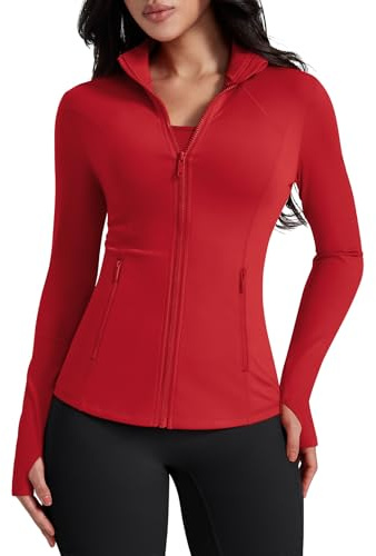 AVGO Womens Workout Jackets Lightweight Athletic Zip Up Jacket Slim Fit Running Gym Top with Pockets & Thumb Holes(Red, M)