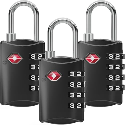 NOVLOCK Lucchetti TSA a combinazione da viaggio a 4 cifre – compatibile USA – per valigia, zaino, borsa sportiva e bagaglio a mano – 3 pezzi, nero