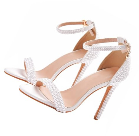 TOYANDONA Escarpins à Talons Hauts Perlés Blancs Sandales à Bout Ouvert pour Femmes Talon de 11 CM Cuir PU Imperméable et Antidérapant Chaussures de Mariage et Soirée Élégantes