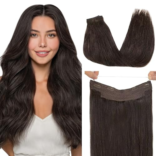 GOO GOO Wire Hair Extensions Human Hair, 2 Dark Brown Natural 16inch 95g, Invisible Wire Hair Extensions with Transparent, Seamless Fish Line Hairpiece