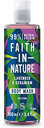 Faith In Nature 100ml Travel Size Lavender and Geranium Body Wash, Relaxing Shower Gel, Vegan and Cruelty Free, No SLS or Parabens