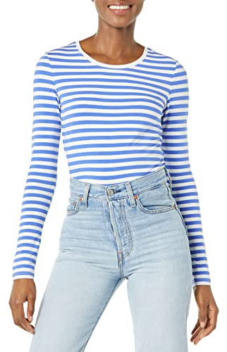 Amazon Essentials Women's Långärmad T-shirt med rund hals klassisk passform (finns i plusstorlek), Blå Vit Rand, S