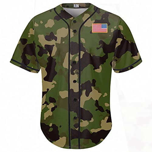 Pullonsy American Flag Plain Baseball Jerseys Tees for Men Full Button Down Veteran's Day,Camouflage-Black Stripe Plain,Size XL