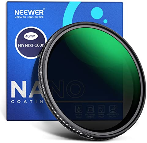 NEEWER Filtro ND Variable de 46 mm ND3-ND1000, Filtro de Densidad Neutra de 1.5-10 Paradas limitadas con Vidrio óptico HD y Nano revestimientos de 30 Capas de Doble Cara, Repelente al Agua/Resistente