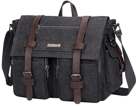 WITZMAN Canvas Messenger Bag Herren Männer Groß Vintage Tasche Umhängetasche 17 Zoll Laptop Crossbody Shoulder Bag（A8008/2 Schwarz）