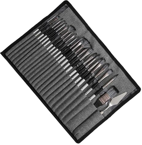 ＣＨＡＭＥＥＮ 25 Pcs Paint Brush Enhanced Synthetic Brush Set withCanvas Roll Gray for Acrylic Oil Watercolor Gouache