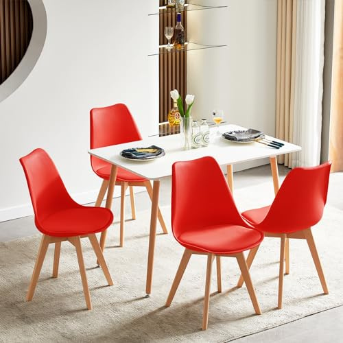 FURNITABLE matbord med 4 stolar, matsalsgrupp, rektangulärt köksbord och set om 4 matstolar, matgrupper, sittgrupp för vardagsrum, kök, kontor (vitt bord + 4 röda stol)