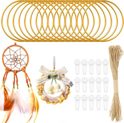 Realure 15Pcs Metal Rings for Craft with Traceless Nails & Hemp Rope Set 10 cm Decorative Floral Wreath Rings Hoops Gold Dream Catcher Hoops Rings for DIY Crafts Dreamcatcher Macrame Hanging
